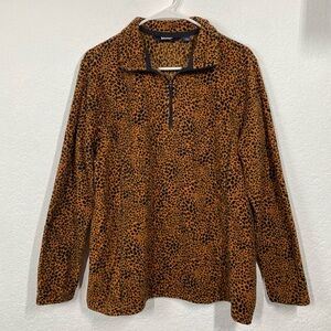 Lands End Leopard Print Fleece Pullover Quarter Zip Sweatshirt Sweater XL Animal
